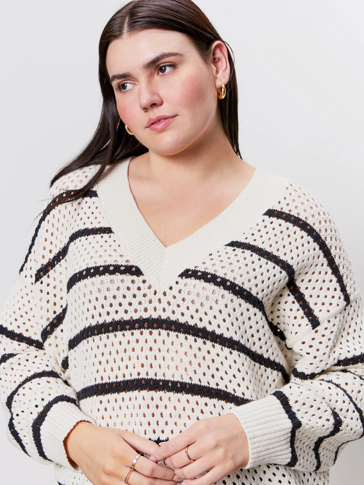 DurableBlend Trendy Cardigan Airy Openwork Sweater Chalk Black Stripe Extended Sizing