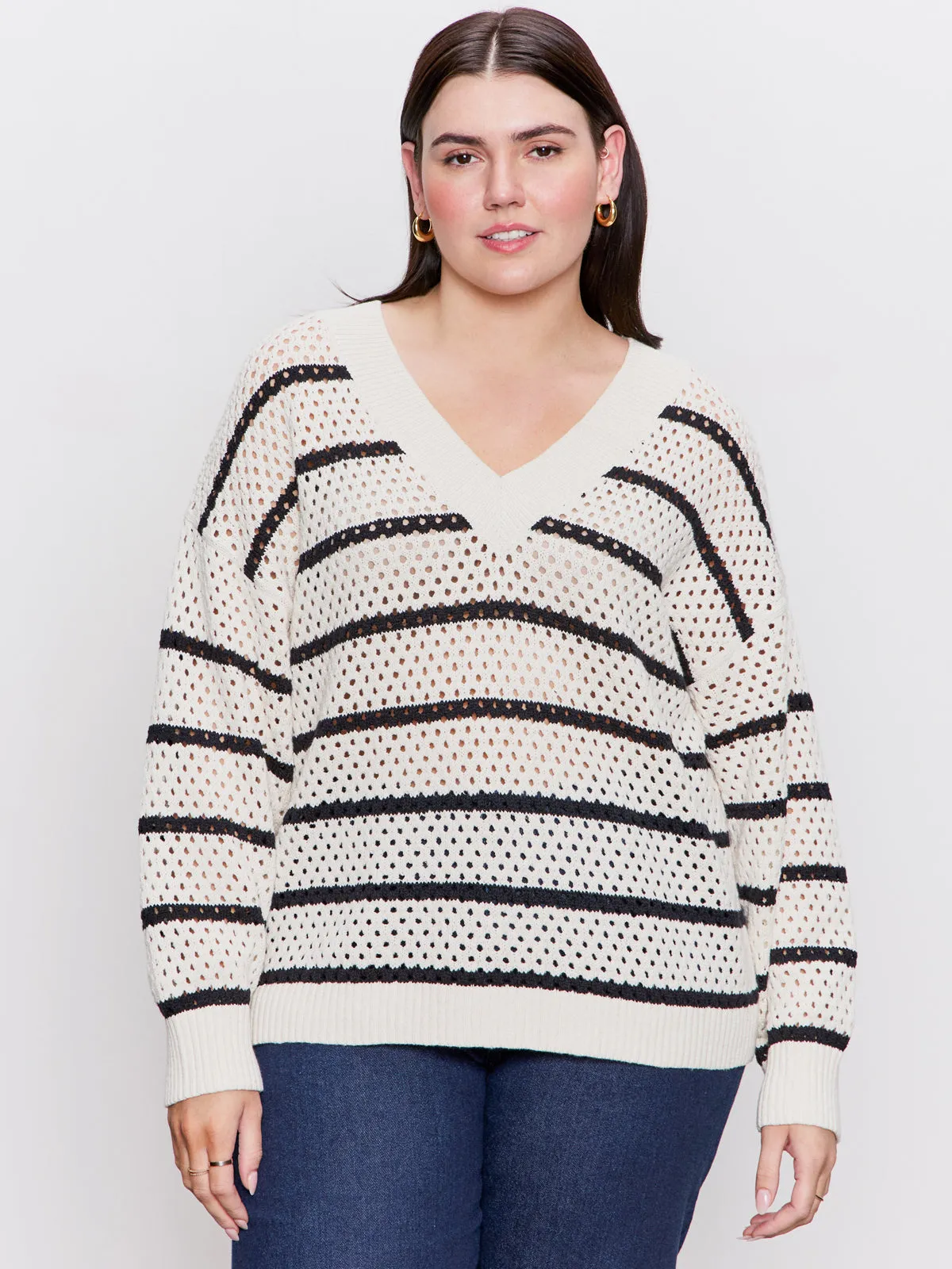 Airy Openwork Sweater Chalk Black Stripe Extended Sizing Effortless Layer FlexibleKnit