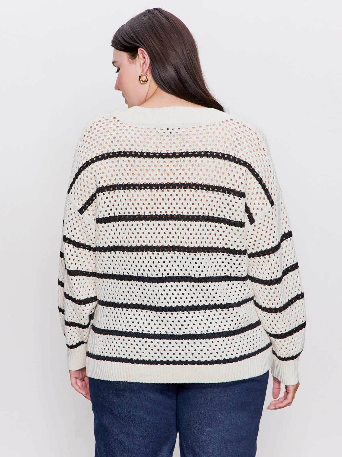 Airy Openwork Sweater Chalk Black Stripe Extended Sizing Fade Resistant Coating Stylish Look
