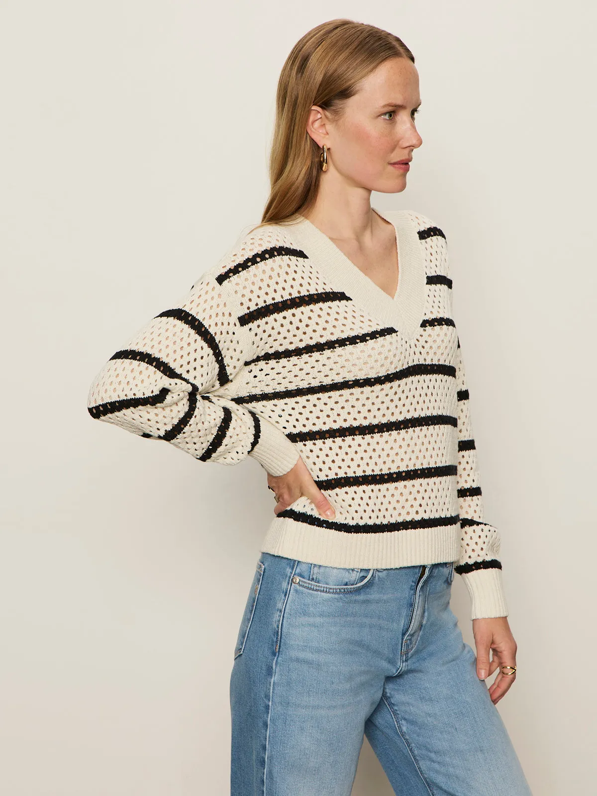 Airy Openwork Sweater Chalk Black Stripe coordinate with other items