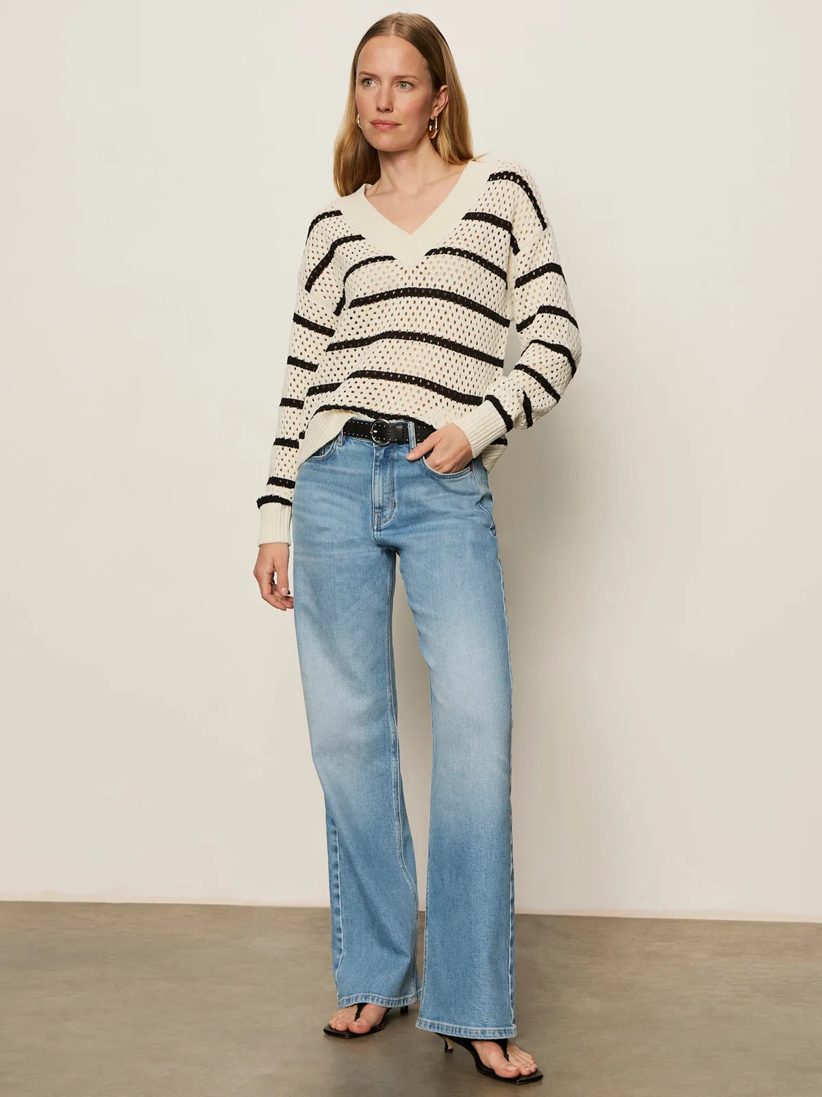 Airy Openwork Sweater Chalk Black Stripe Simple Comfort Look