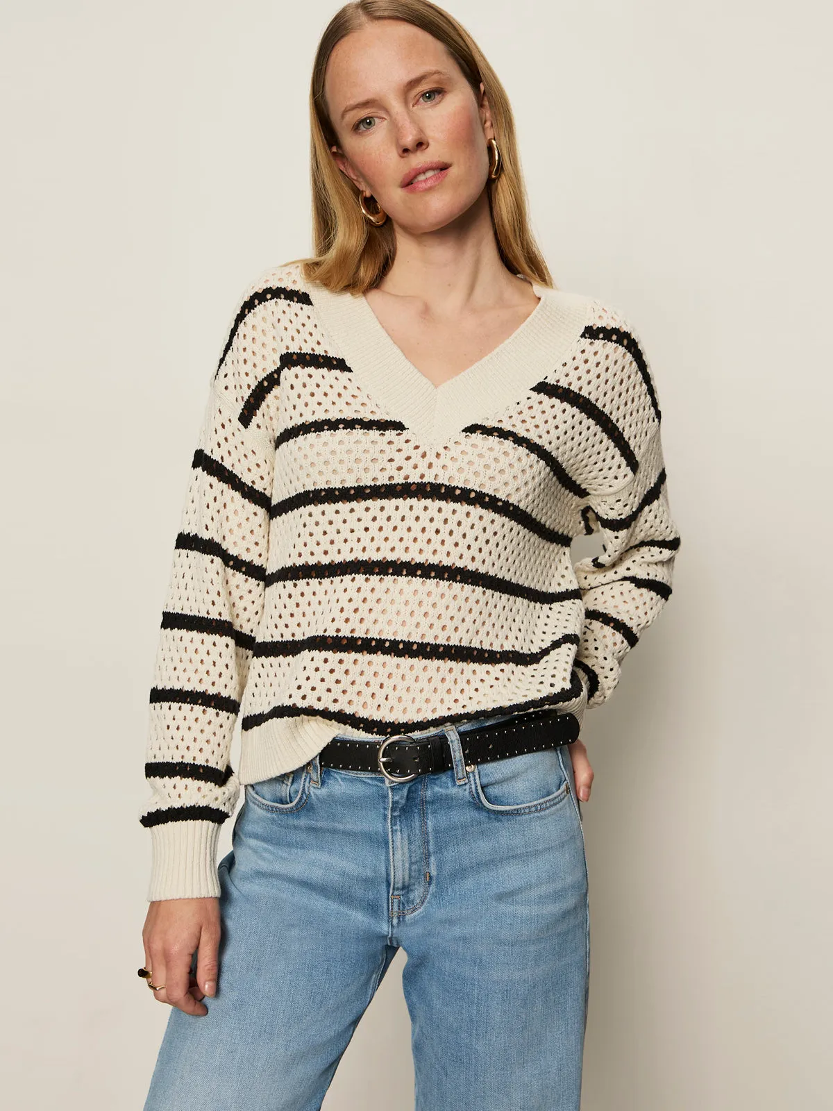 Durable Wear Luxury exclusivity Airy Openwork Sweater Chalk Black Stripe