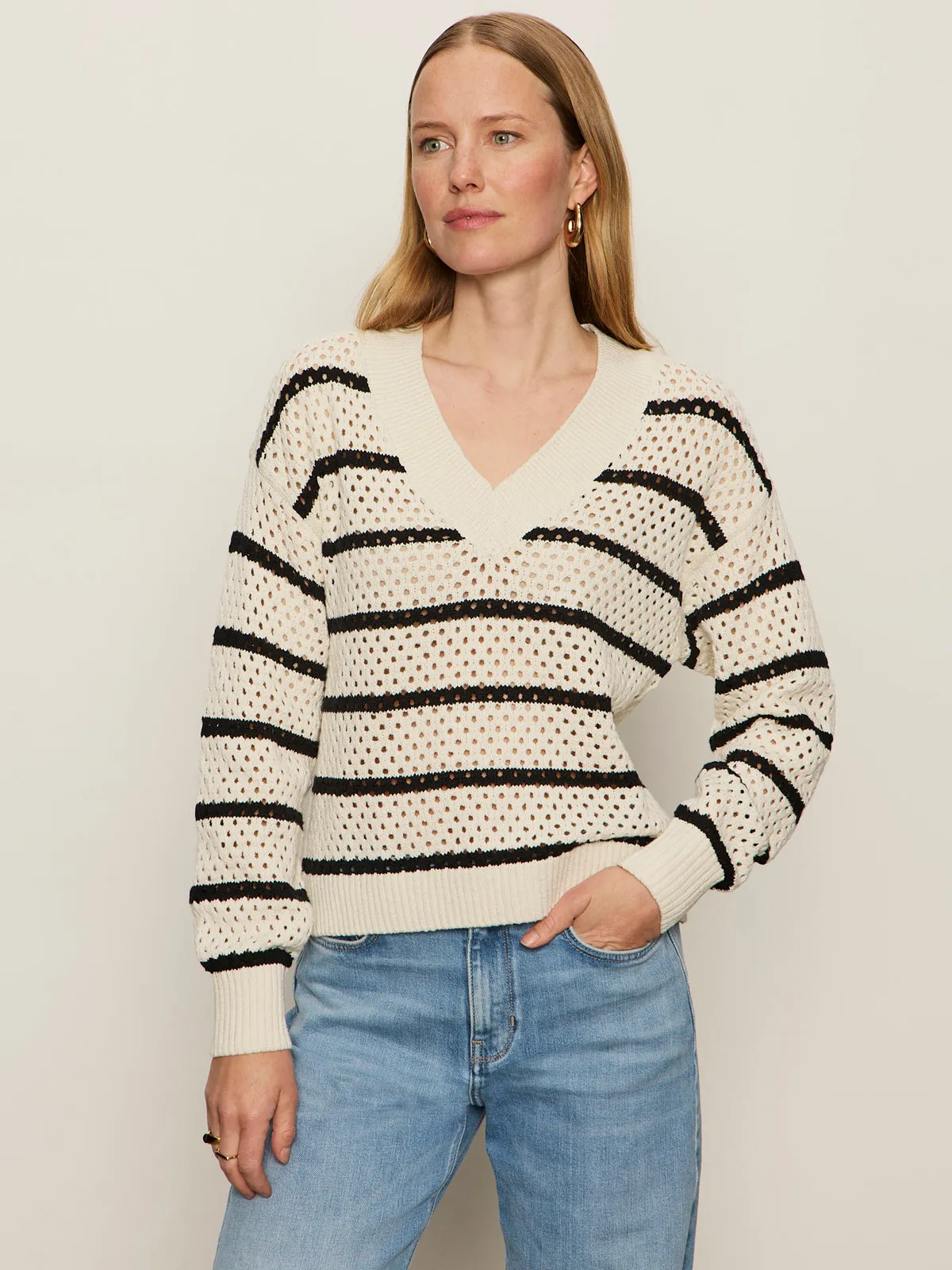 Airy Openwork Sweater Chalk Black Stripe Casual and cool