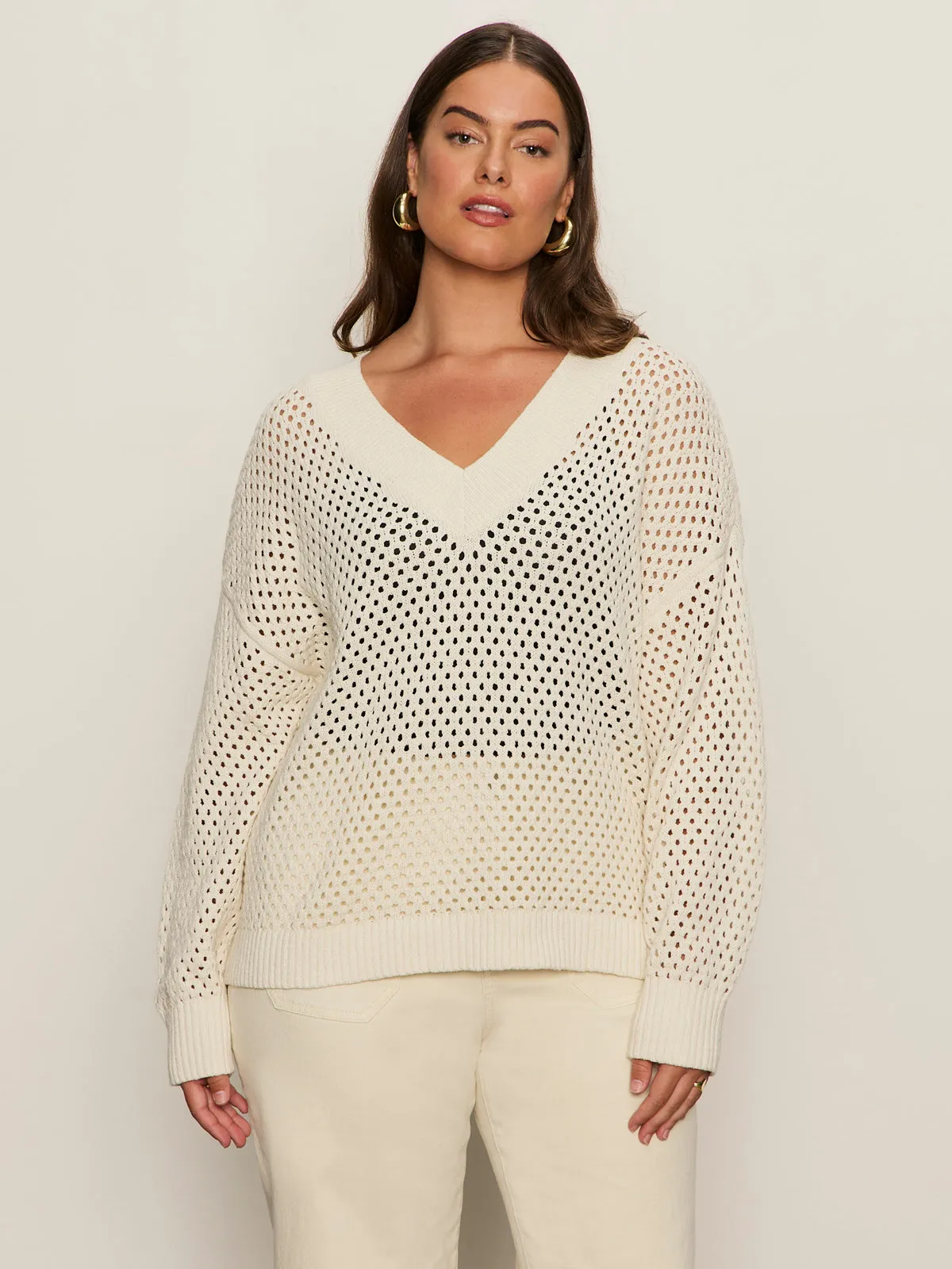 Airy Openwork Sweater Macrame Extended Sizing Crew Neck Design Distressed Hem Finish