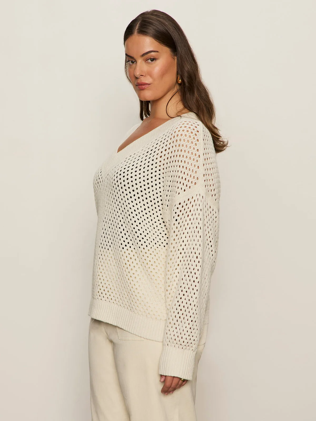 Feminine Touch Garment Dyed Technique Airy Openwork Sweater Macrame Extended Sizing