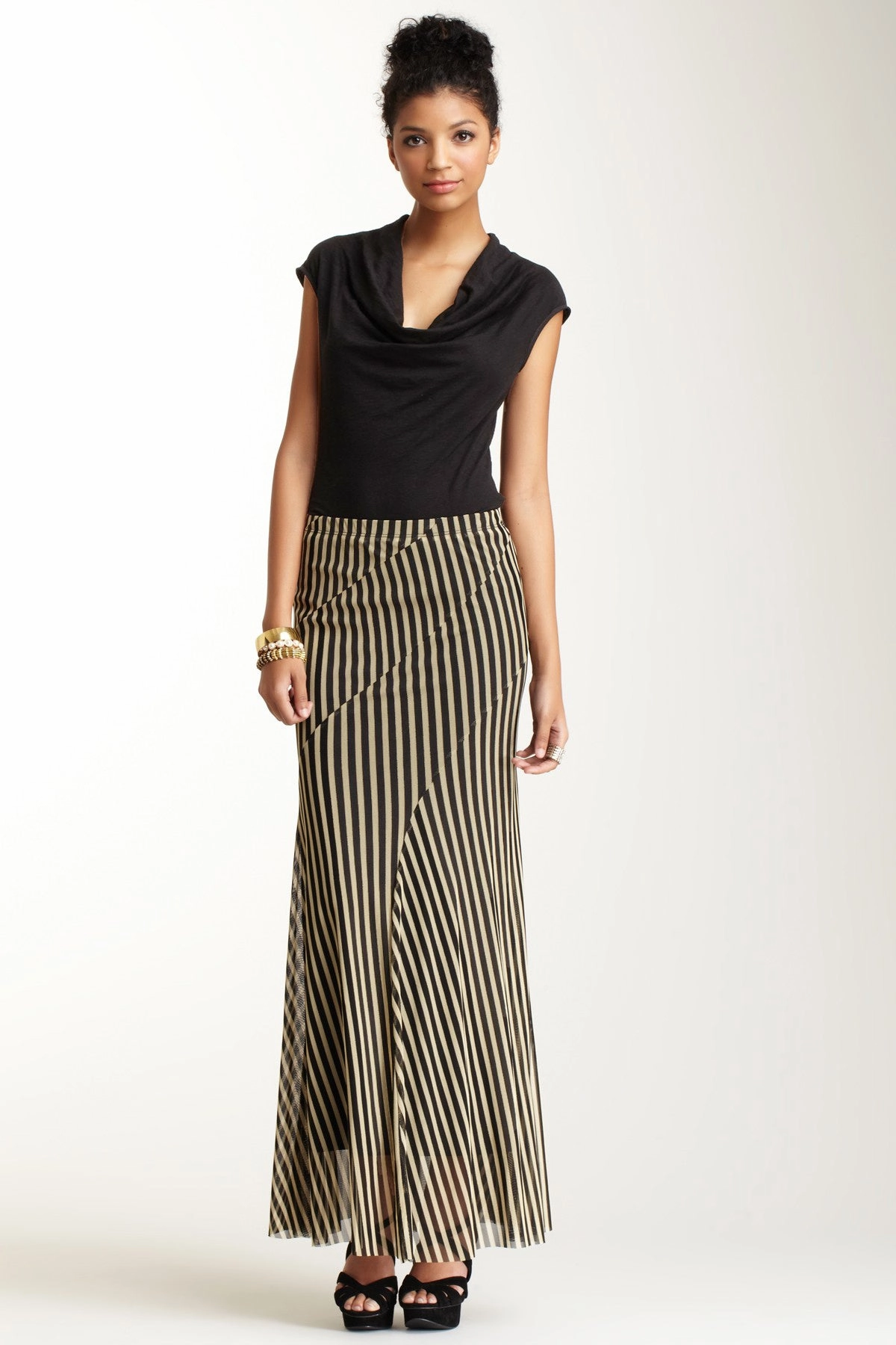 Neutral Tones Long Stripe Swirly Skirt - Black and Nude Stripe