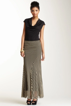Vibe Shot Long Stripe Swirly Skirt - Black and Nude Stripe