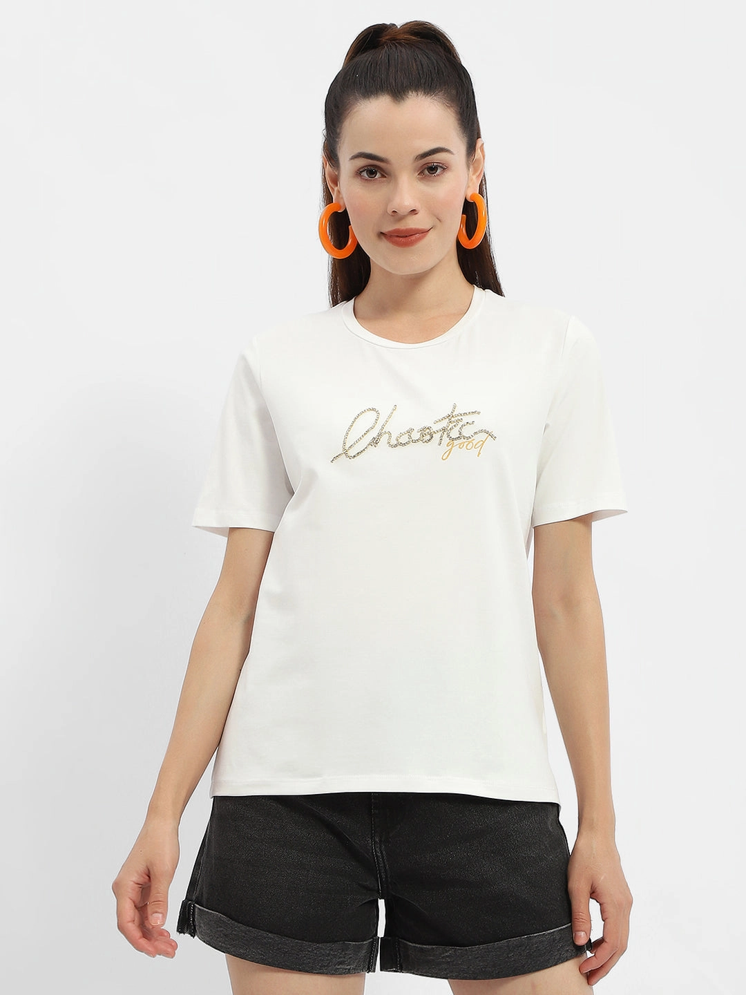 Madame Typography White Crew Neck T-Shirt Durable Color Retention Active Wearable