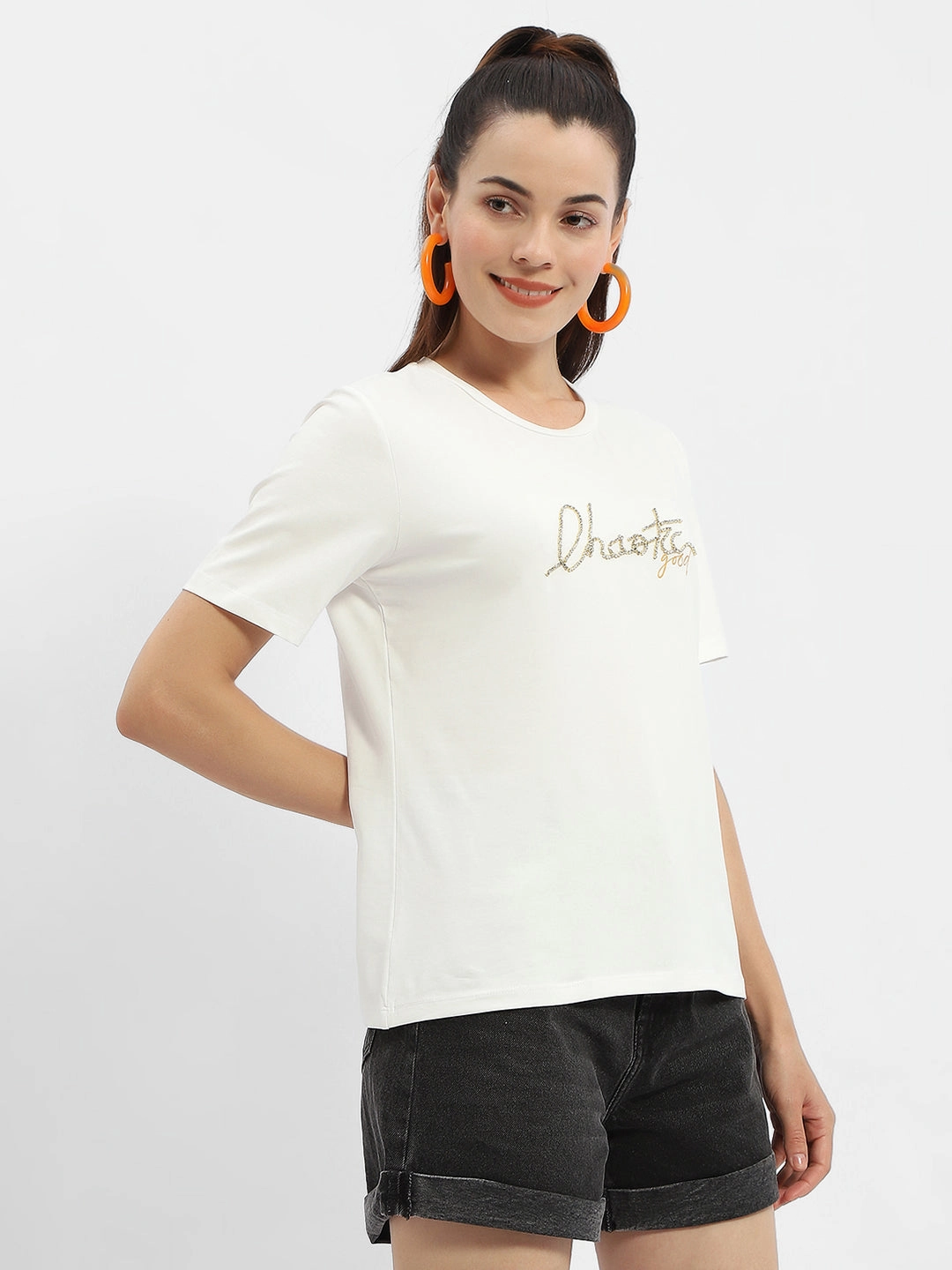 Madame Typography White Crew Neck T-Shirt Smart Casual