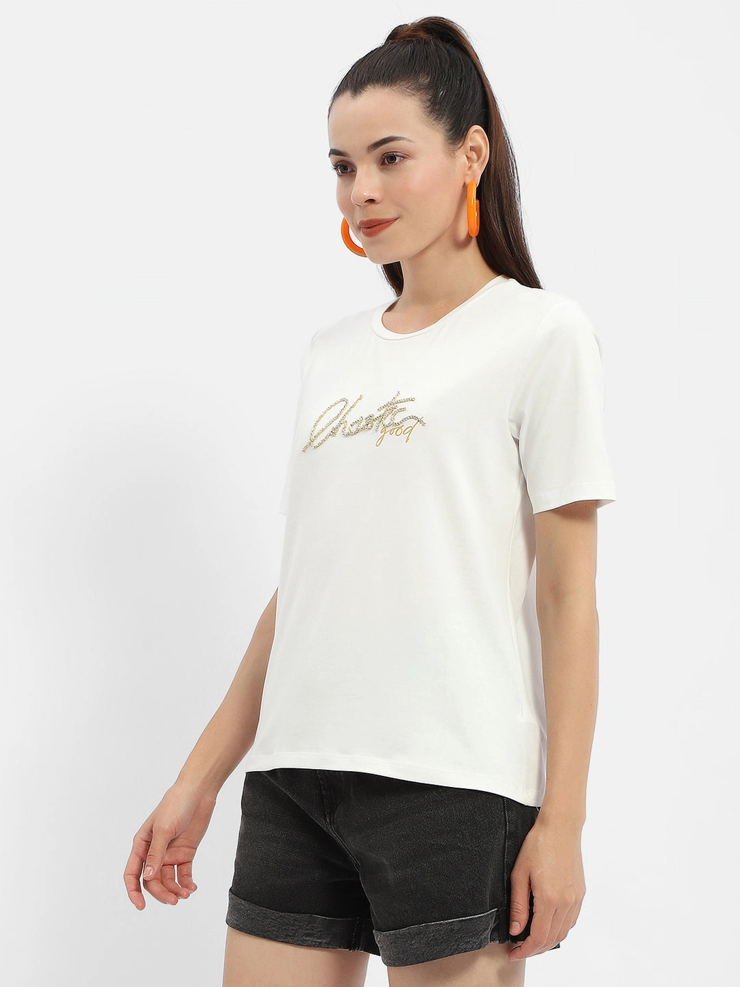 Madame Typography White Crew Neck T-Shirt Soft Cotton Feel Breathable Style