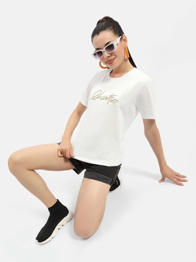 Madame Typography White Crew Neck T-Shirt Cool Vibes Practical Wear