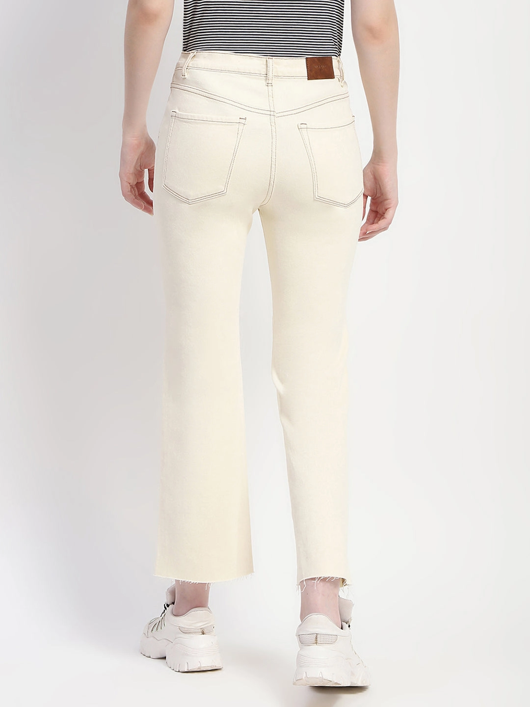 Subtle Look Madame Off-White Distressed Hem Flared Denim