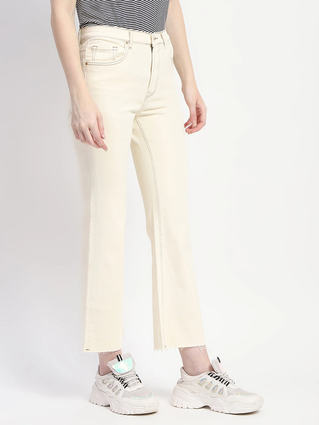 Comfy Touch Madame Off-White Distressed Hem Flared Denim