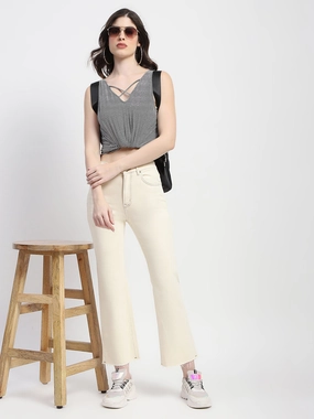 Perfect Fit Waist Madame Off-White Distressed Hem Flared Denim