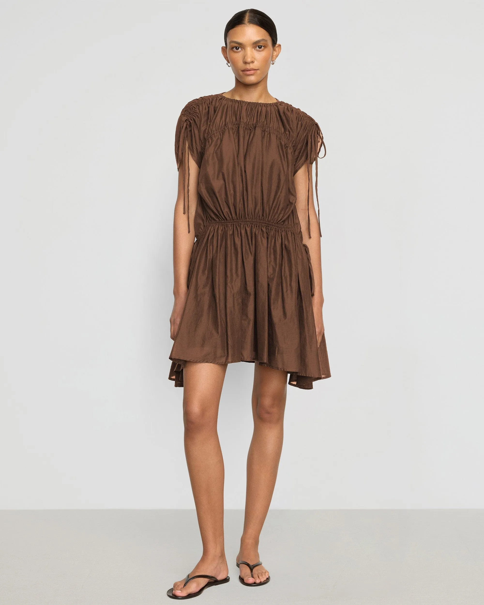 Cinched-Waist Sophisticated Elegance Akemi Tie-Shoulder Organic Cotton Dress