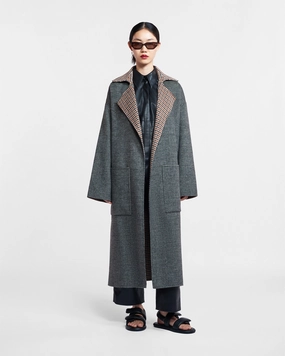 Alamo - Wool Silk Blend Robe Coat - Reversible Check Removable-part-quality