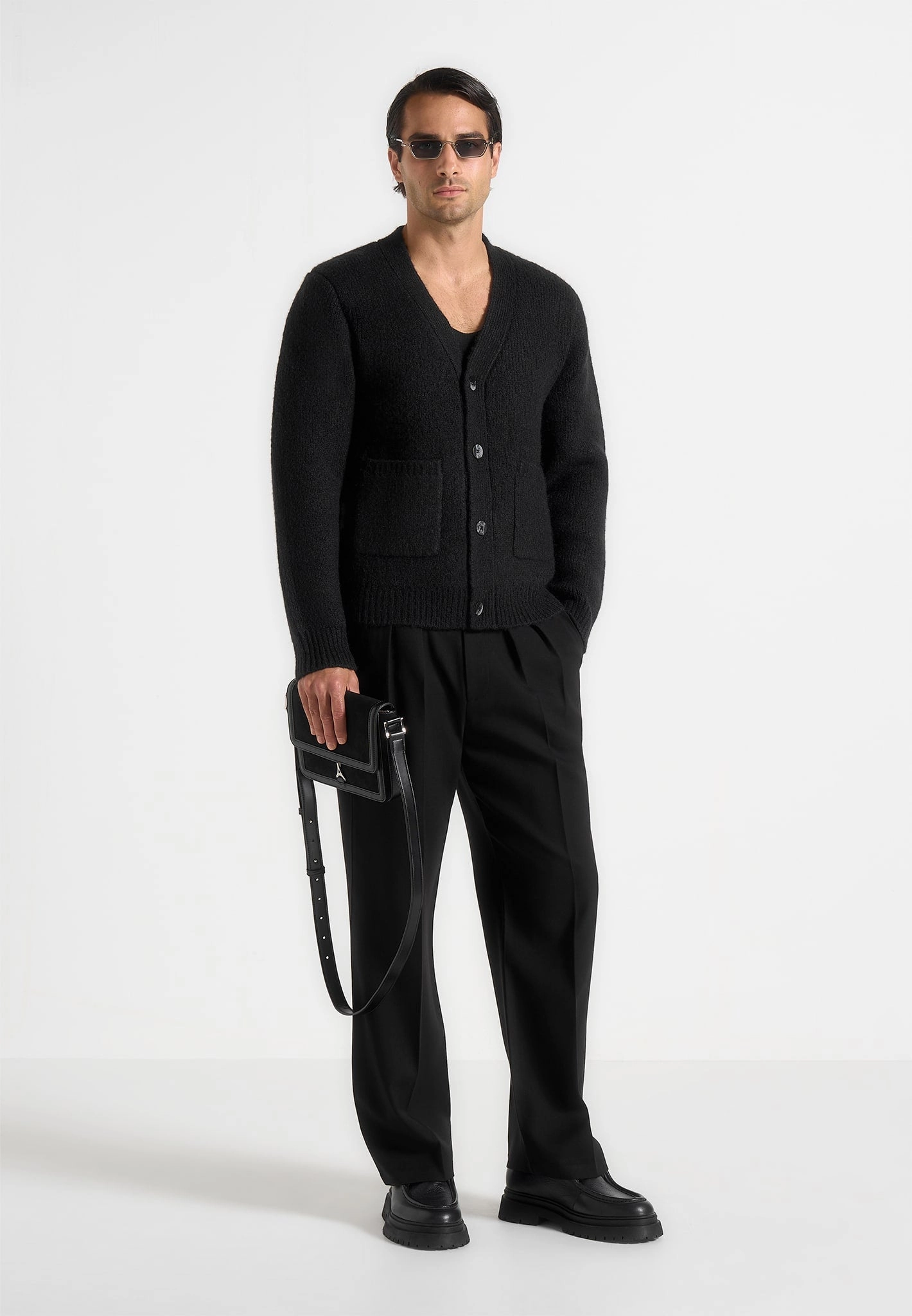 Aldo - Wool Knit Cardigan - Black Layered Collar Option