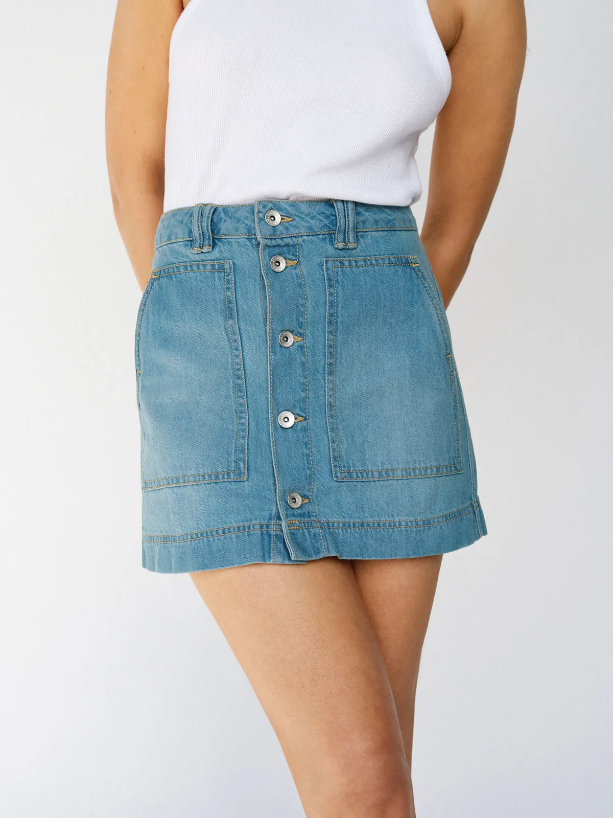 Packable Fit Flexible Leg All Buttoned Up Denim Skirt Dream Team