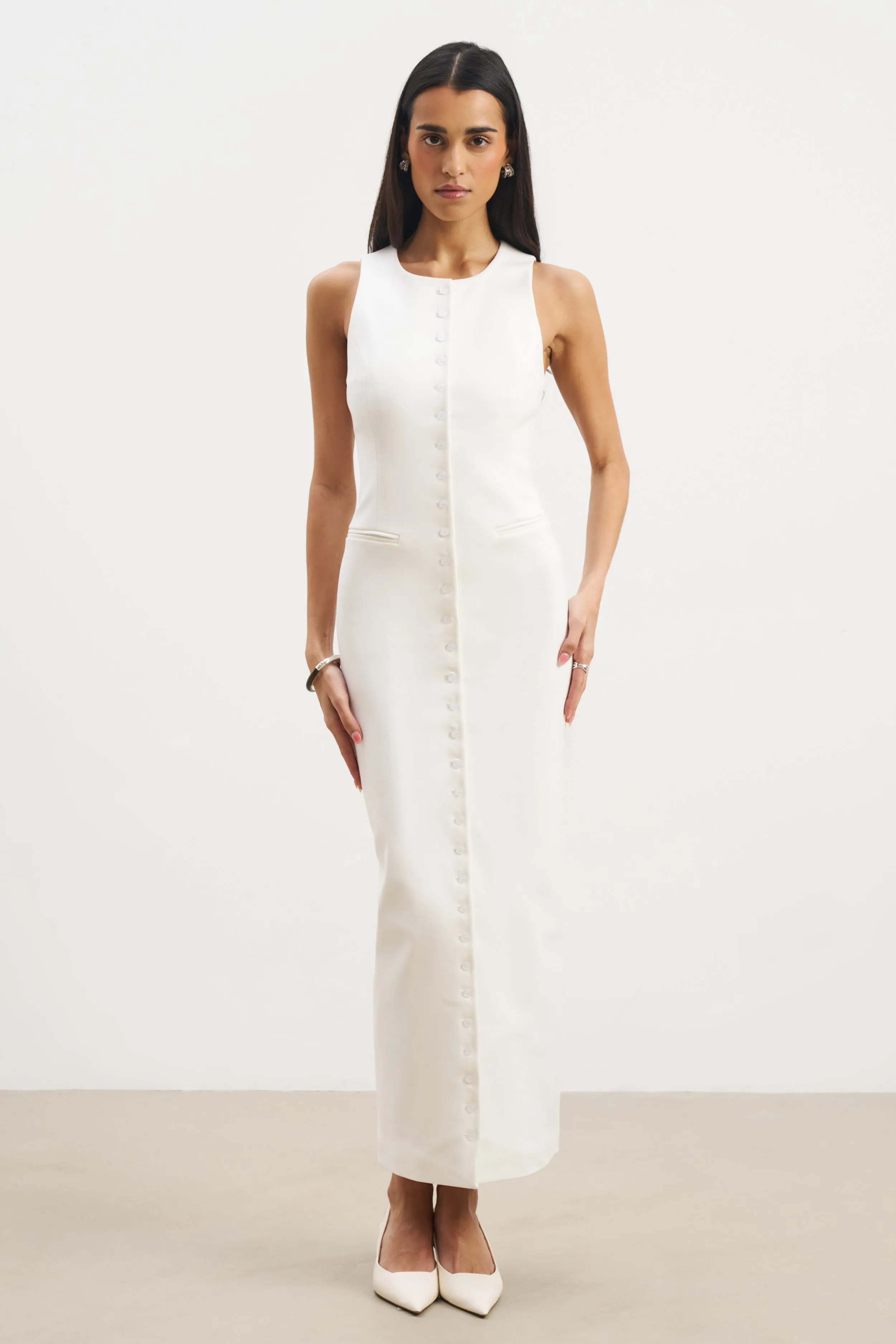 Tailored Button Down Maxi Dress - White Soft Outfit Everyday Use