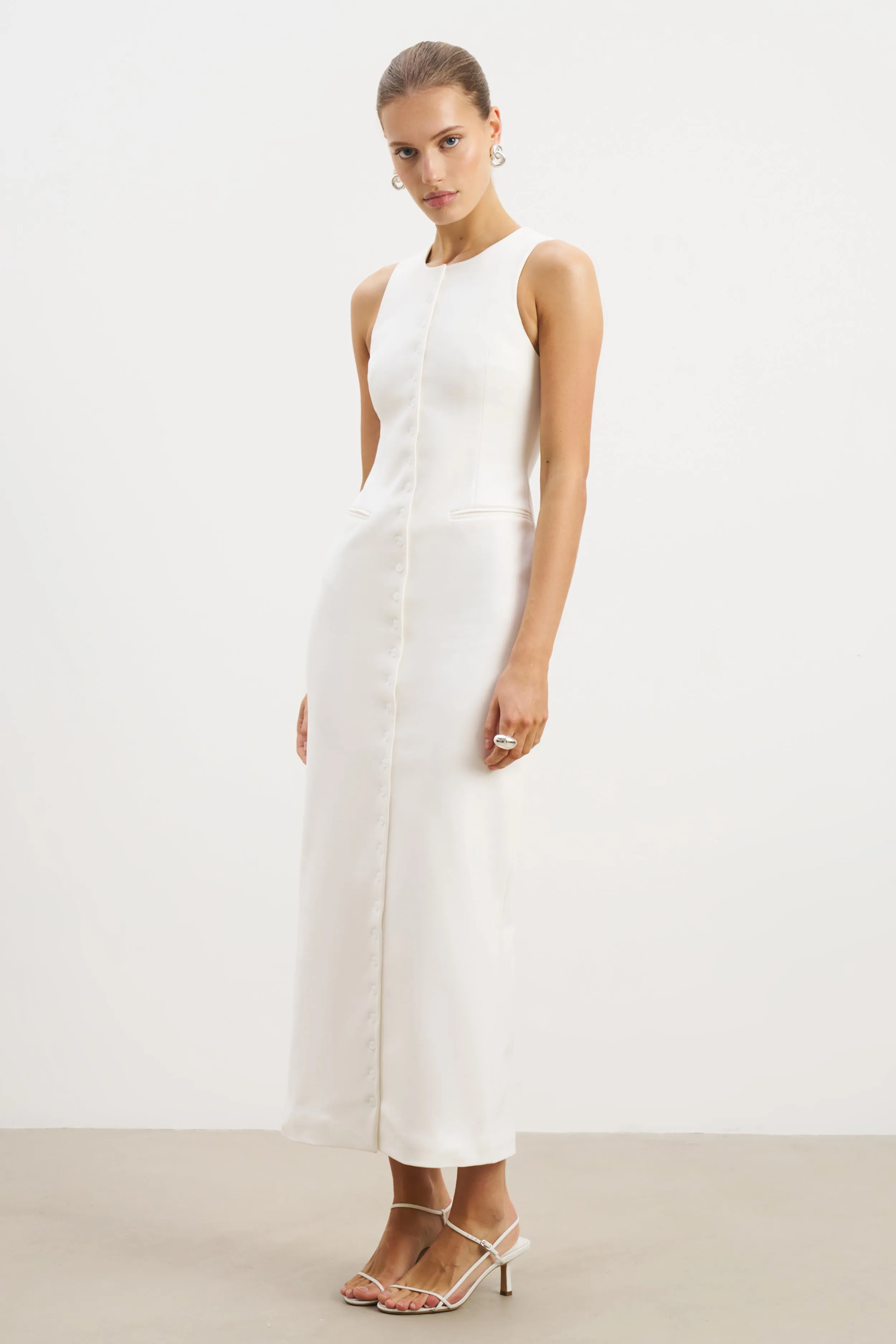 Tailored Button Down Maxi Dress - White Elegant Piece