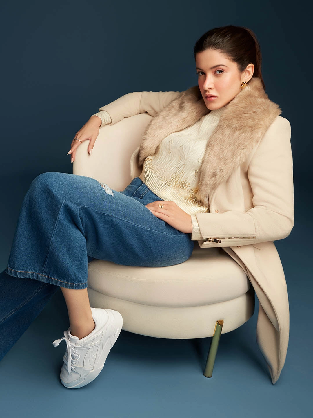 Madame Shanaya Kapoor Belted Off White Plush Fur Lapels Long Coat Hidden Storage Compartment Windproof Technology