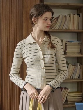 Oakleigh Classic Lapel Striped Knit Cardigan Day Wear Four Way Stretch Design