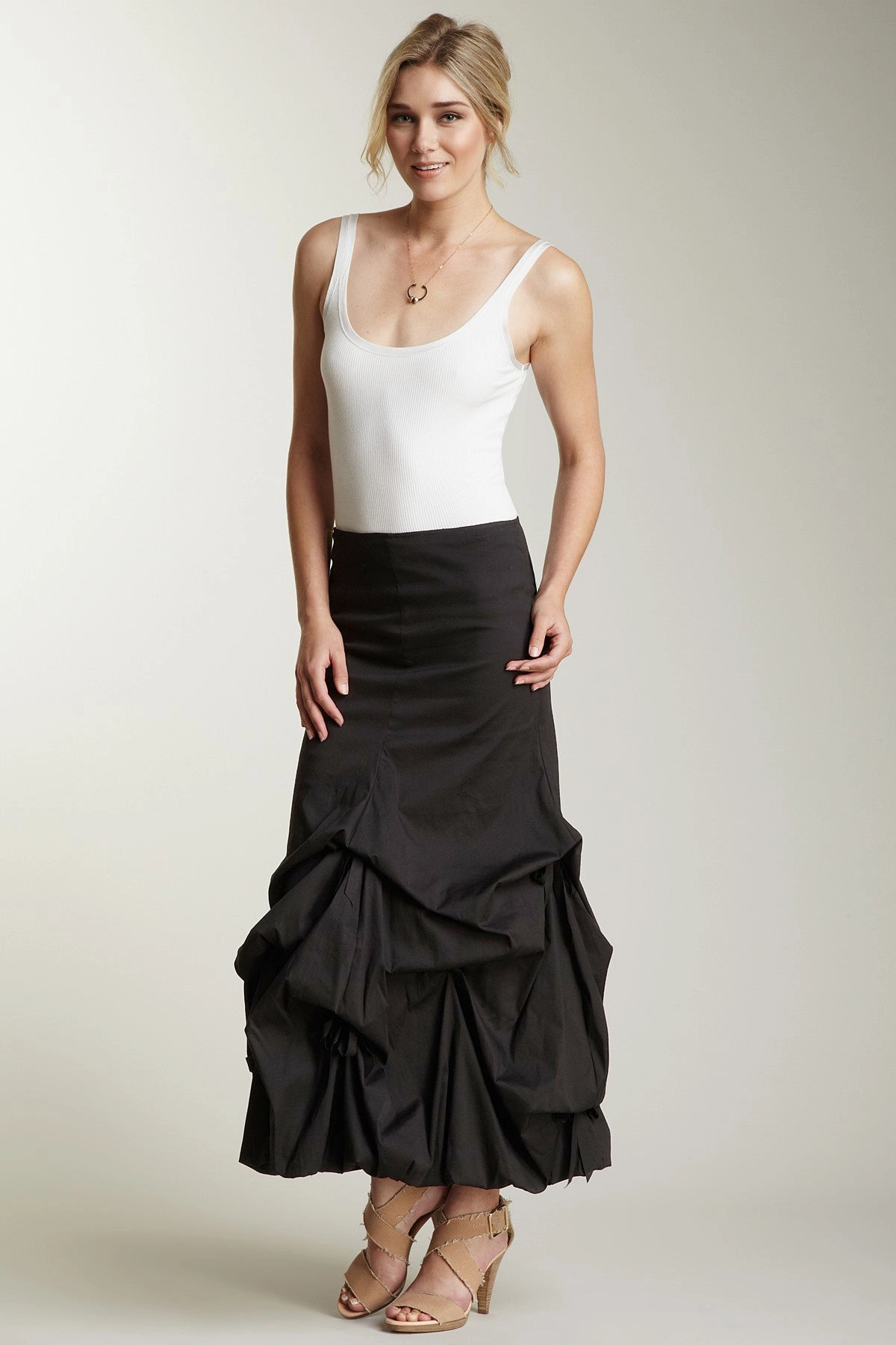 Stretch Poplin Balloon Skirt - Black Detachable Tie Light Motion