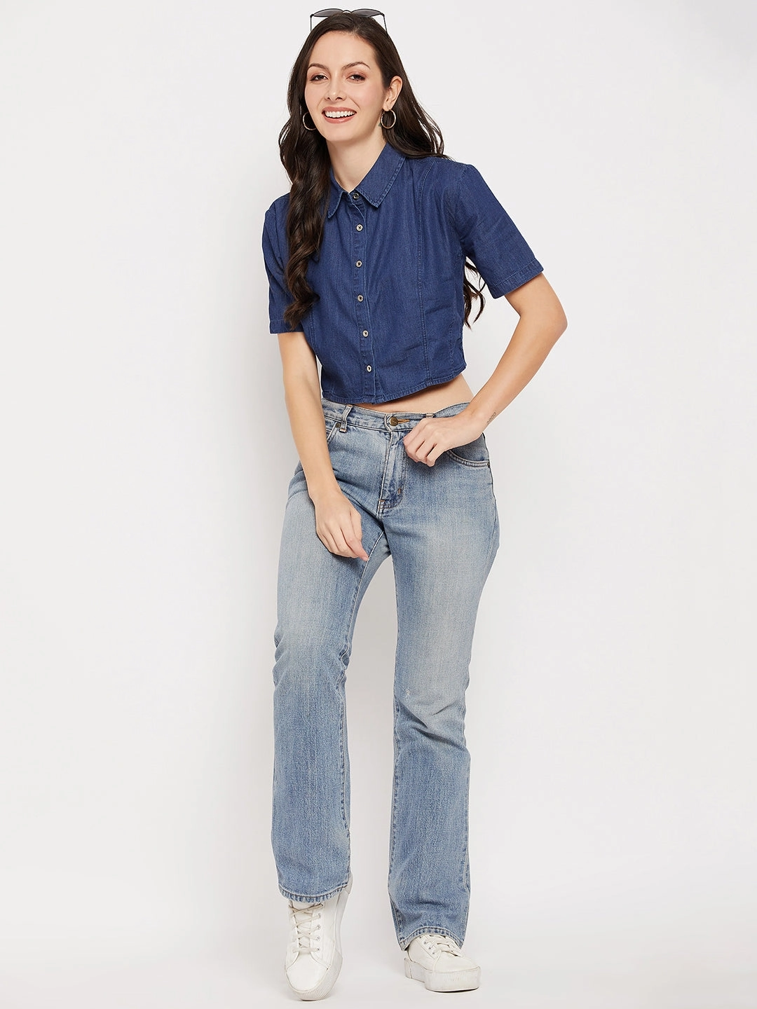 Madame Shirt Collar Denim Crop Top DoubleStitching