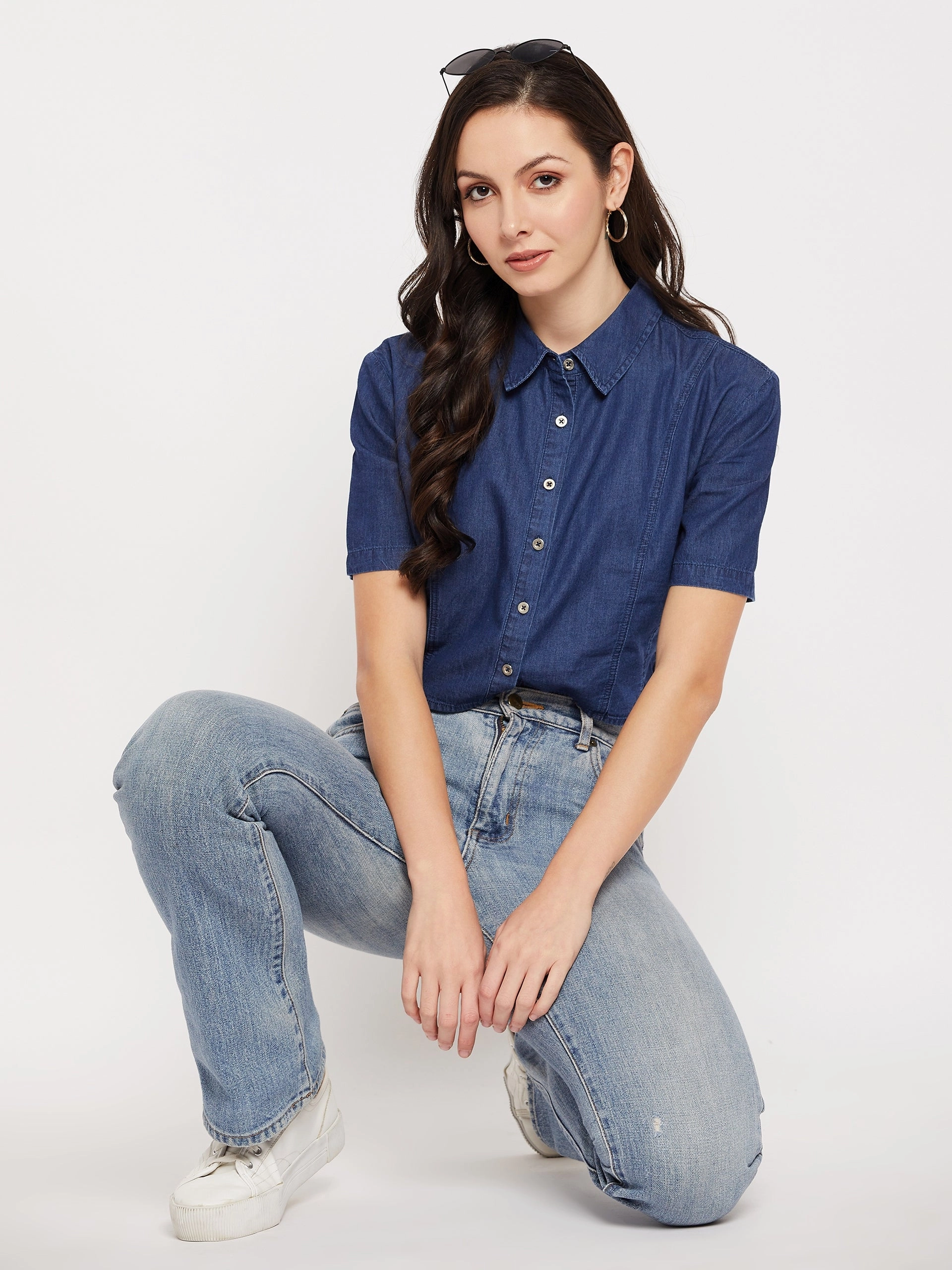 Madame Shirt Collar Denim Crop Top Ribbed Trim Details