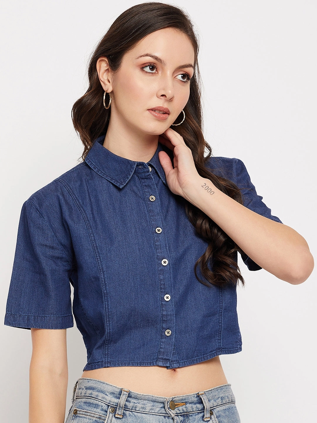 MultiPocket Layered Collar System Madame Shirt Collar Denim Crop Top