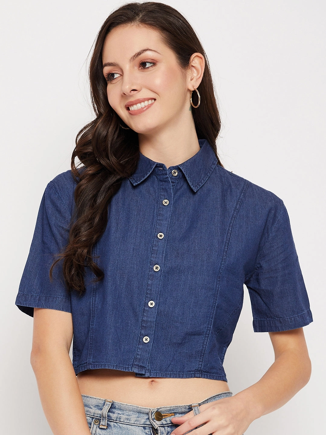 Madame Shirt Collar Denim Crop Top DoubleLayered Collar Moisture Wicking Material