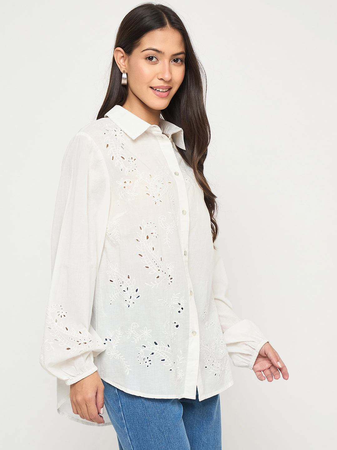 Madame Embroidered and Ruffle Trim Detailed White Cotton Shirt Micro Perforated Texture