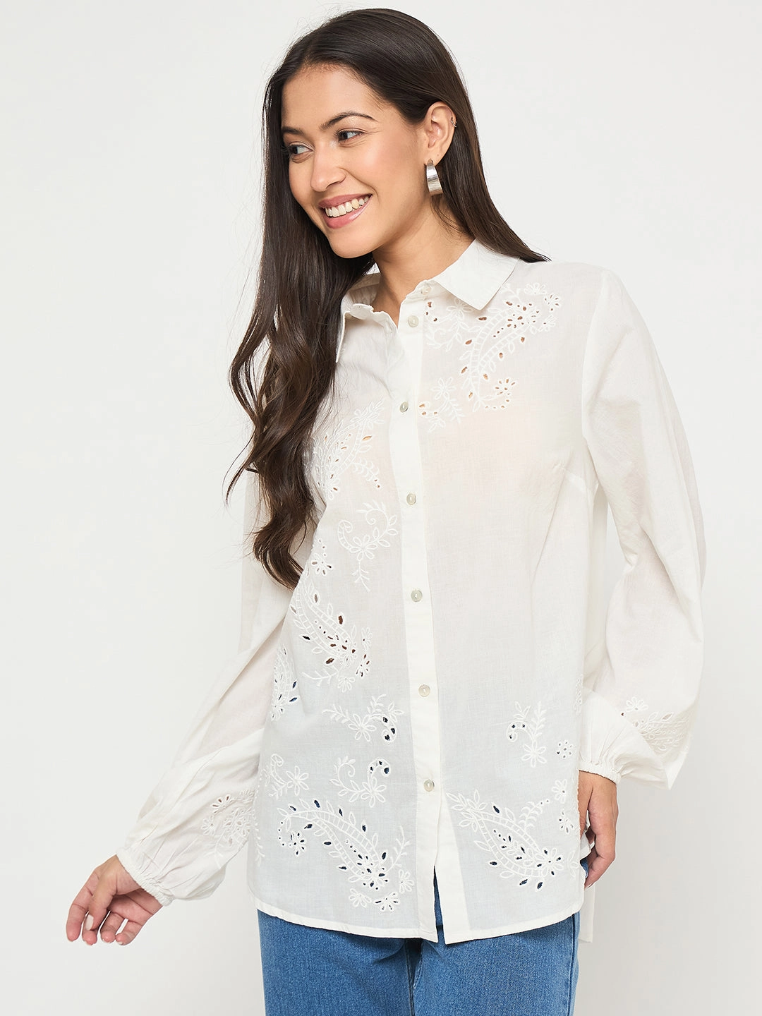 Madame Embroidered and Ruffle Trim Detailed White Cotton Shirt Practical Choice Hidden Placket