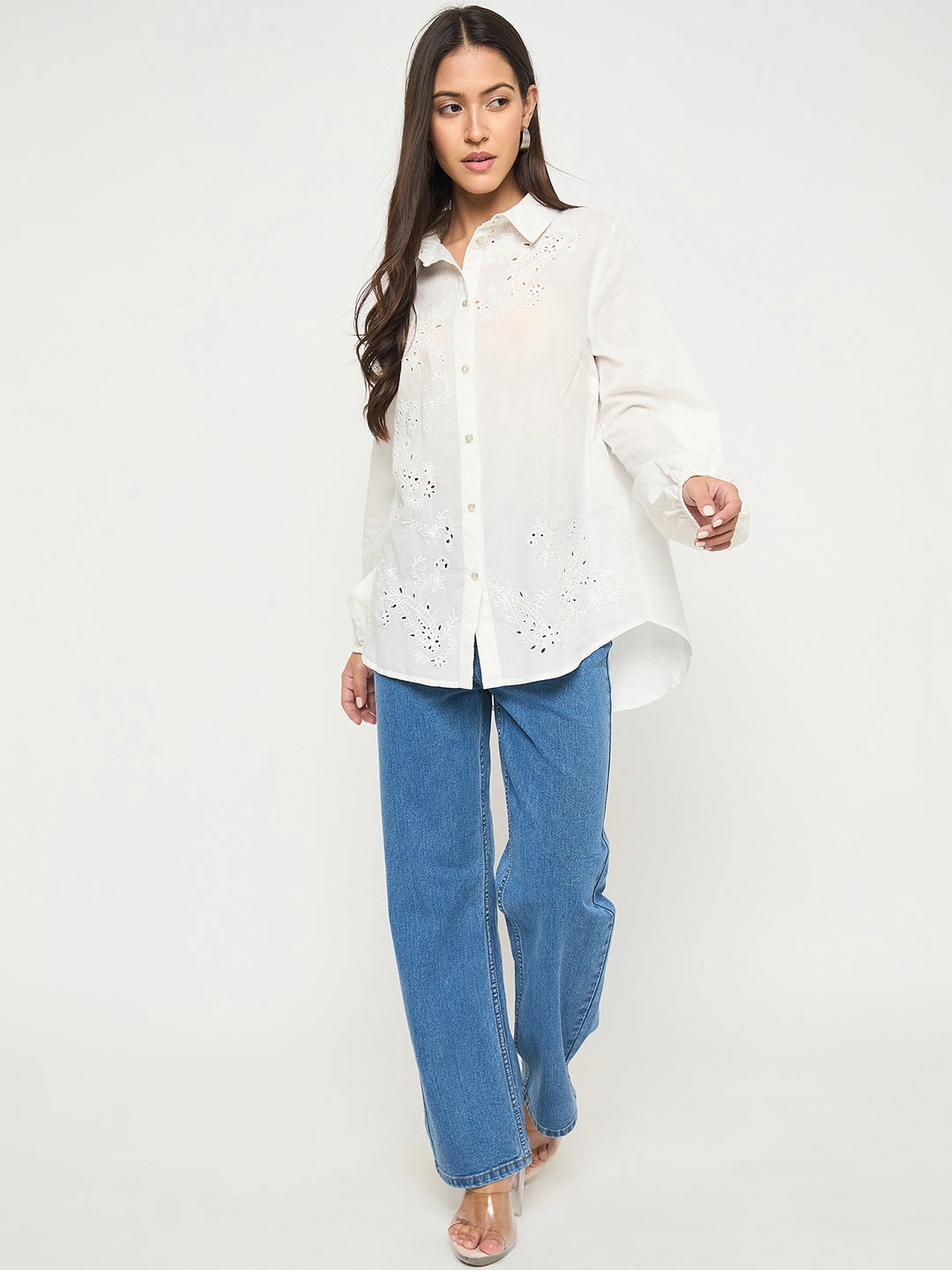 Madame Embroidered and Ruffle Trim Detailed White Cotton Shirt Conference Appropriate Quick Dry Technology