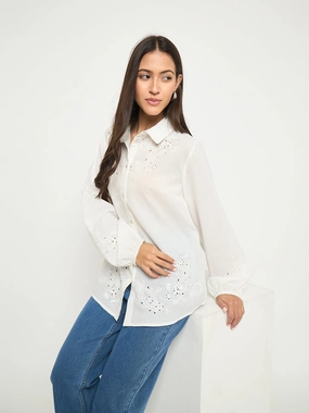 Madame Embroidered and Ruffle Trim Detailed White Cotton Shirt natural fiber Date night