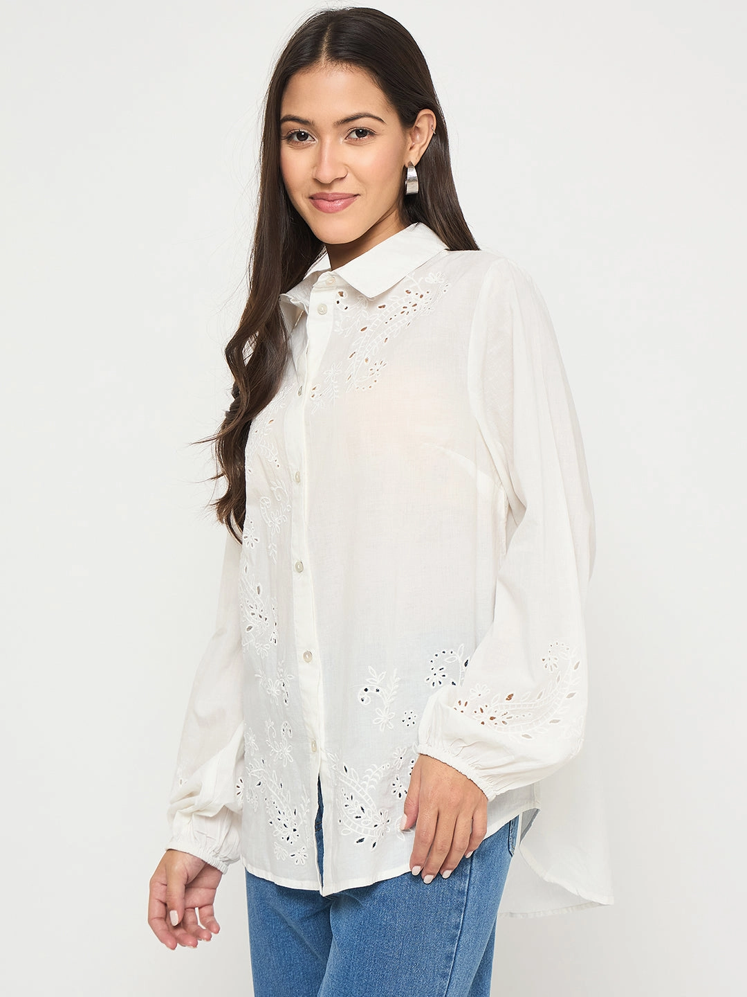 Sporty Layer Madame Embroidered and Ruffle Trim Detailed White Cotton Shirt