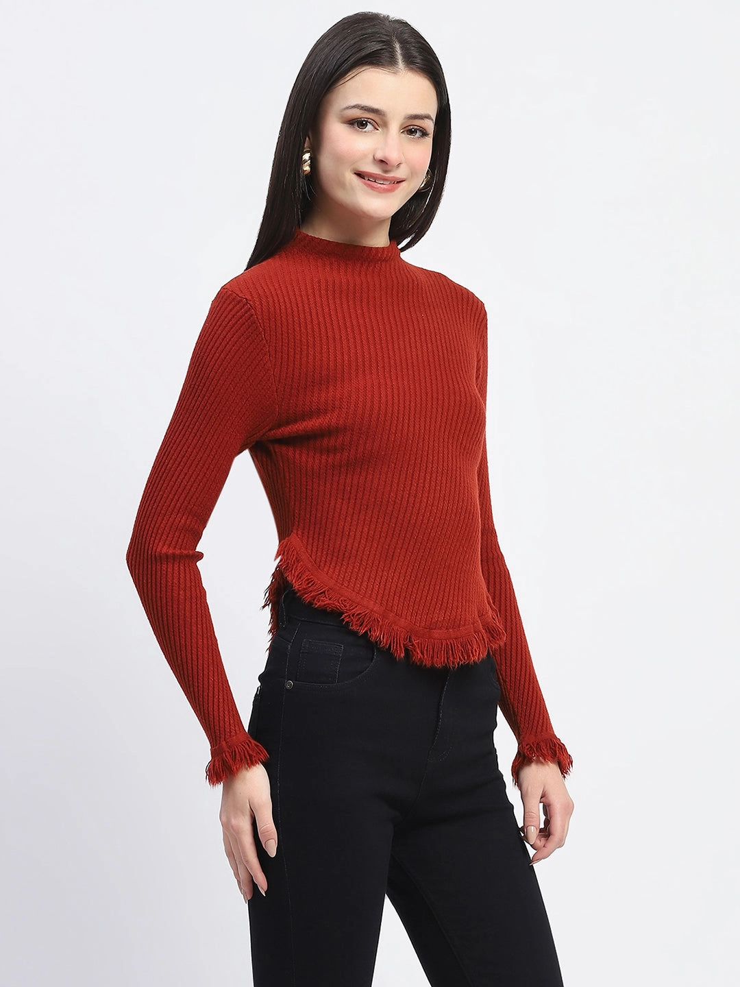 Timeless Comfort Breathable Waistband Madame Fur Cuffs and Hem Rust Red Sweater