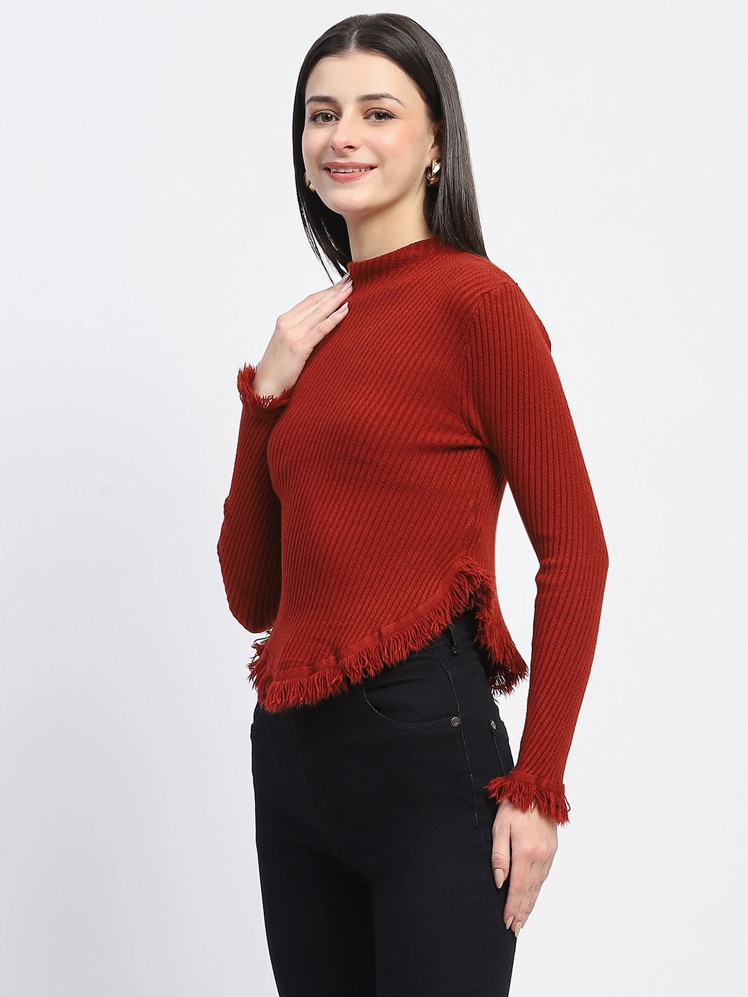 Stylish Design Madame Fur Cuffs and Hem Rust Red Sweater