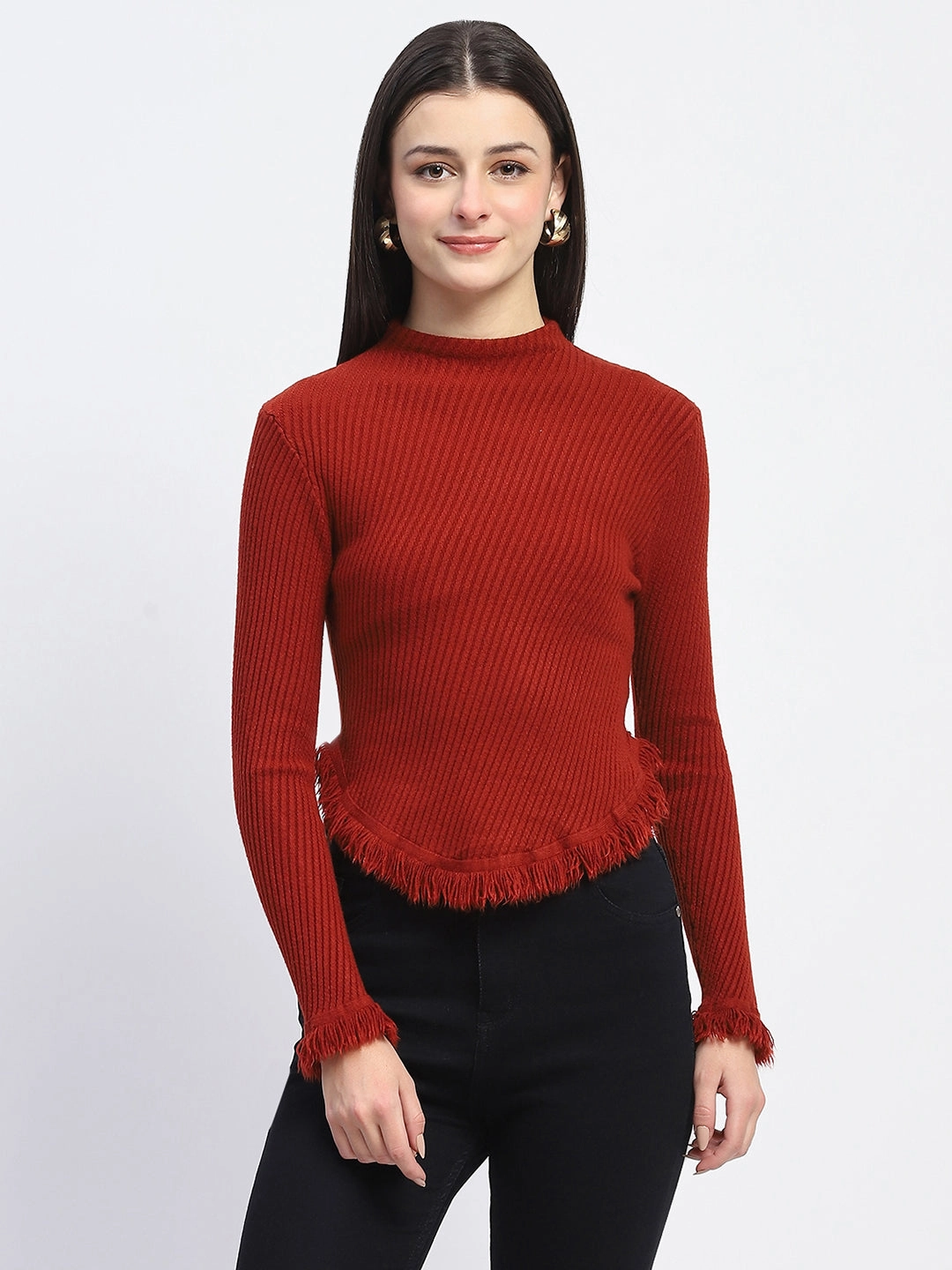 Madame Fur Cuffs and Hem Rust Red Sweater Comfort Flex Fit