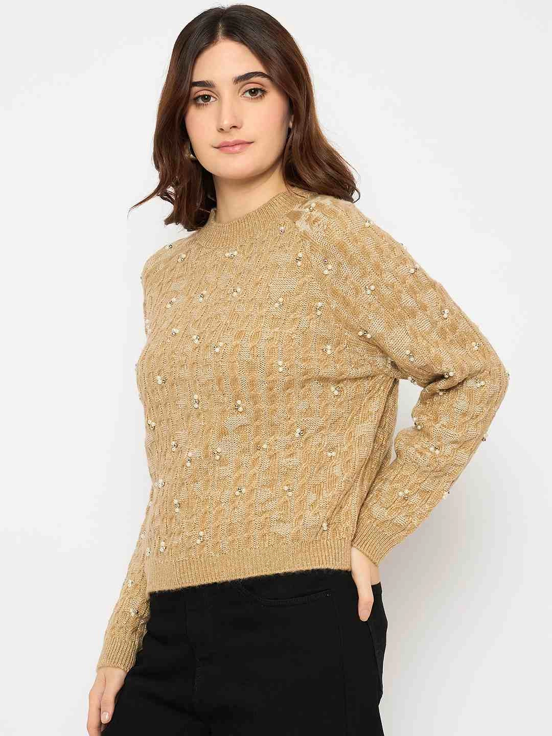 Layered Knit Madame Cable Knit Pearl Embellished Brown Sweater