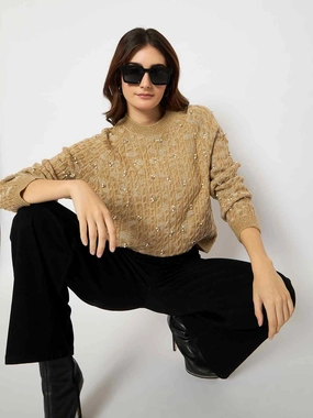 Four Way Stretch Fabric Madame Cable Knit Pearl Embellished Brown Sweater