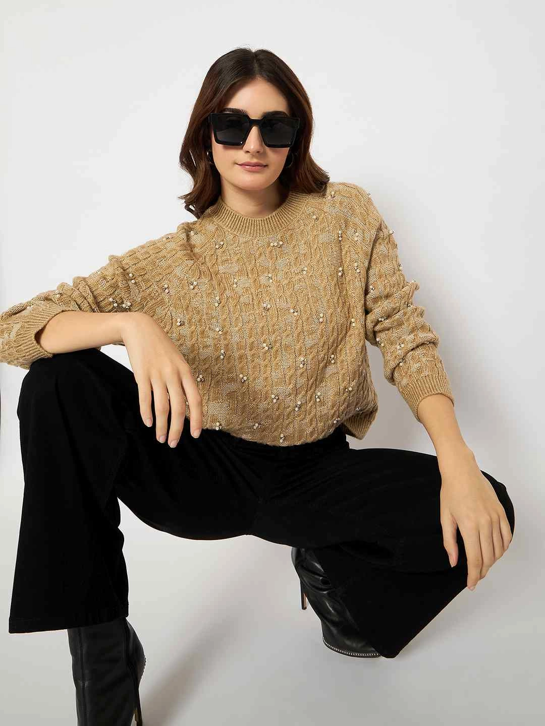 Four Way Stretch Fabric Madame Cable Knit Pearl Embellished Brown Sweater