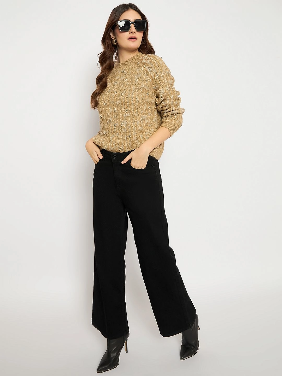 Sporty Flex Madame Cable Knit Pearl Embellished Brown Sweater