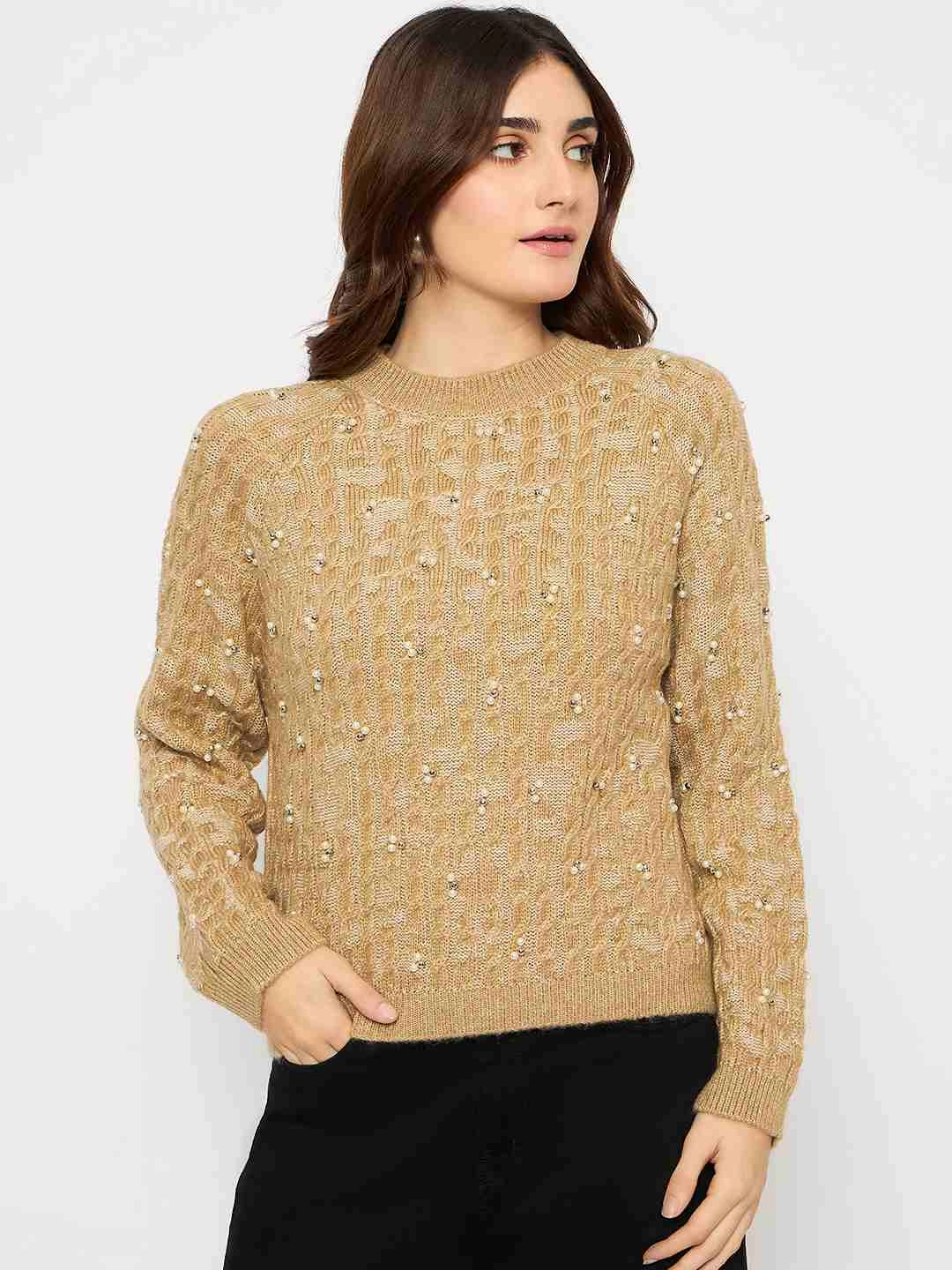Madame Cable Knit Pearl Embellished Brown Sweater Chilly Day Layers