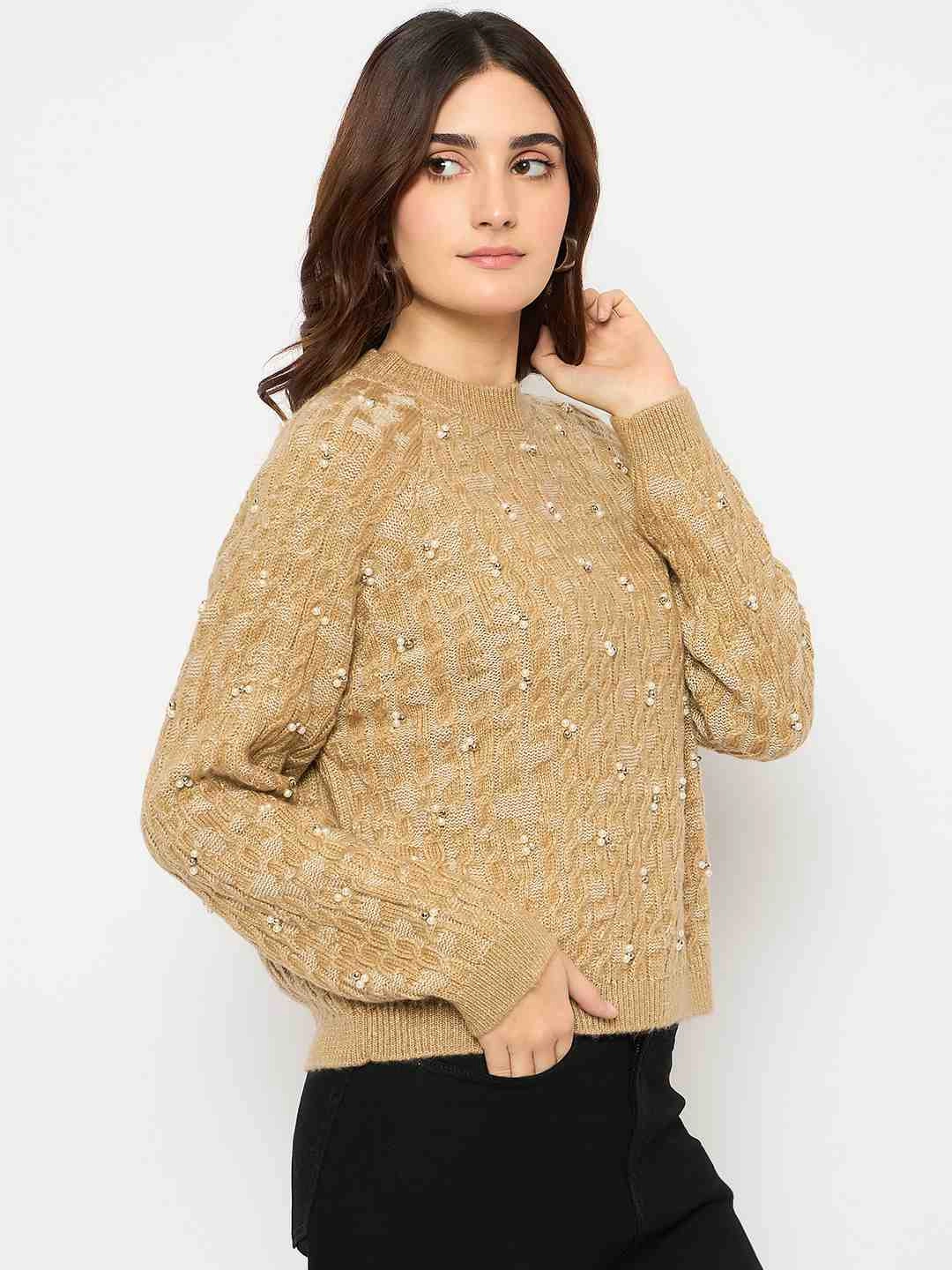 Madame Cable Knit Pearl Embellished Brown Sweater Hypoallergenic Lining Chilly Comfort