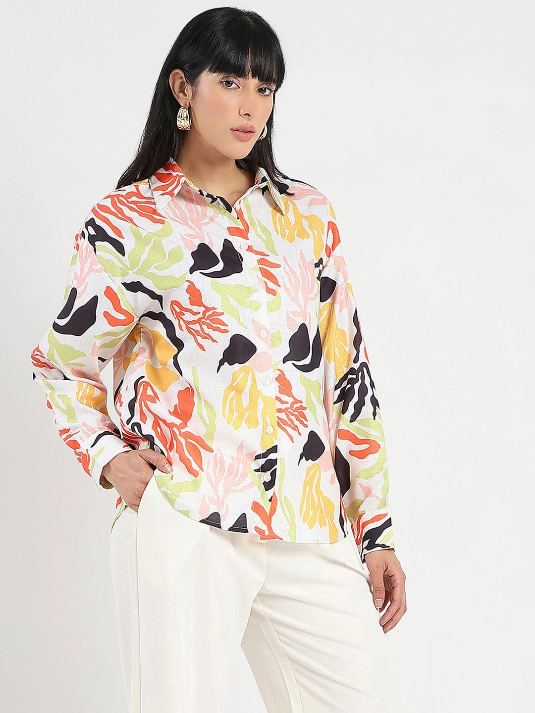 Madame Abstract Print Buttoned Off White Linen Shirt Customizable Option Active Lifestyle