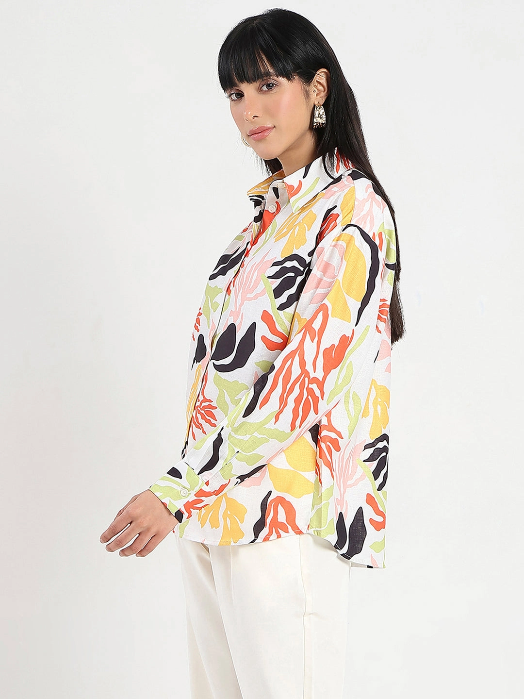 Madame Abstract Print Buttoned Off White Linen Shirt Checkered Print Casual Hangout