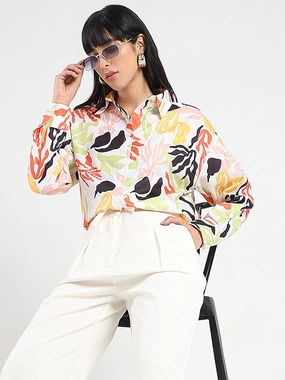 Madame Abstract Print Buttoned Off White Linen Shirt Fitted Silhouette