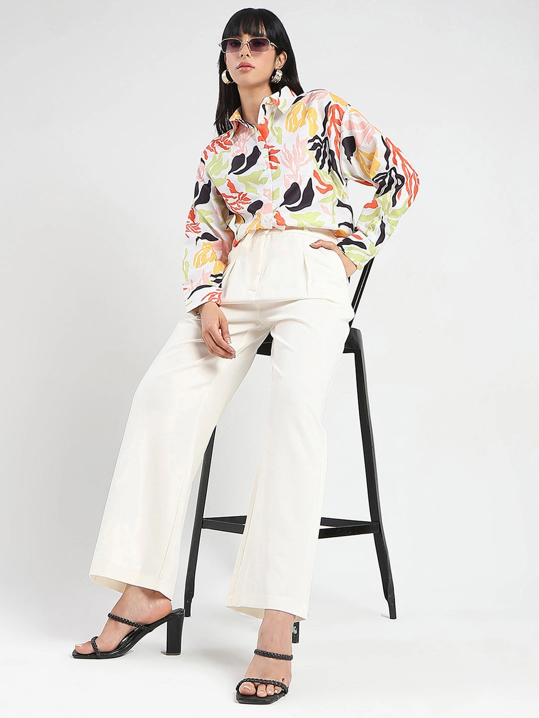 Madame Abstract Print Buttoned Off White Linen Shirt Comfortable Wear Simple Fit