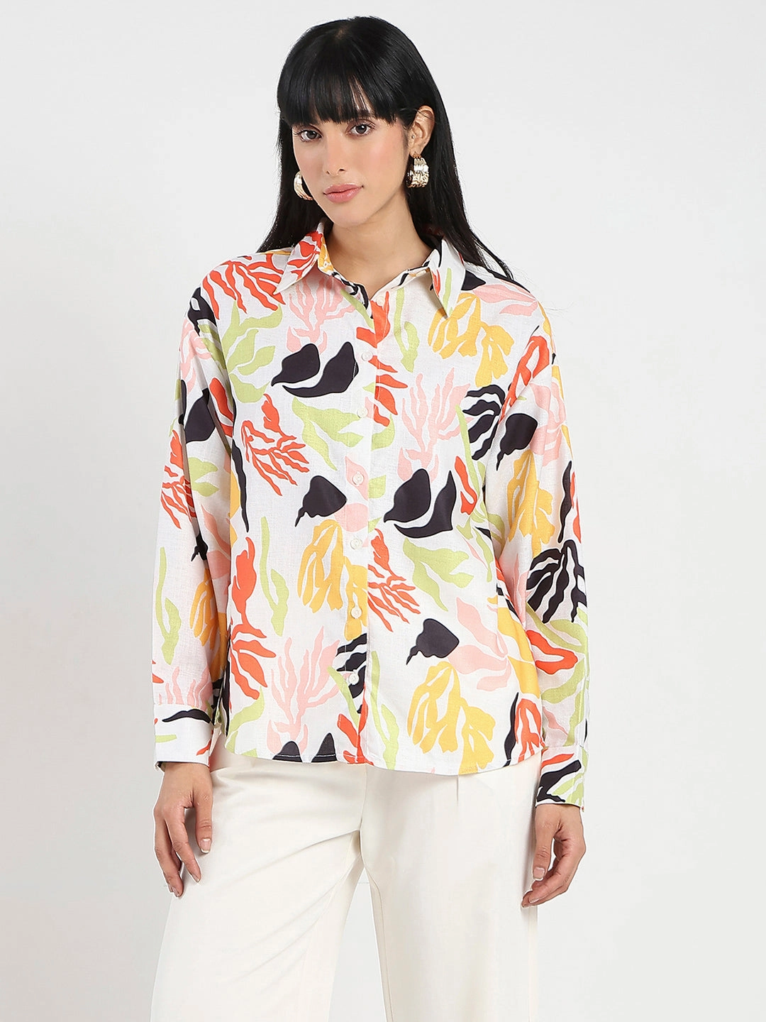Madame Abstract Print Buttoned Off White Linen Shirt Seamless Shoulder Performance Fabric